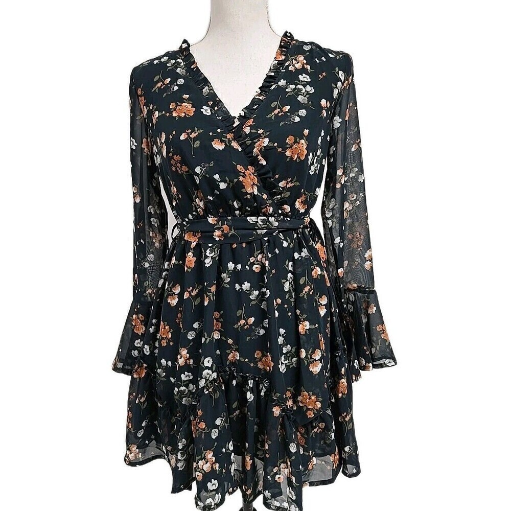 Hello Molly Long Sleeve‎ Floral Mini Pullover Dress Elastic Waist Green Size XS